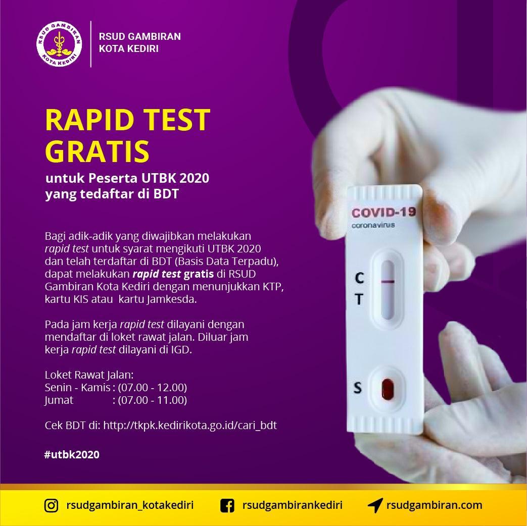 Walikota Kediri Gratiskan Rapid Test Peserta UTBK SBMPTN Terdaftar BDT