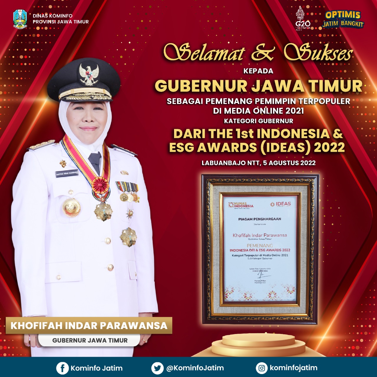 Raih Penghargaan Pemimpin Terpopuler IDEAS Award 2022, Ini Kata Gubernur Khofifah