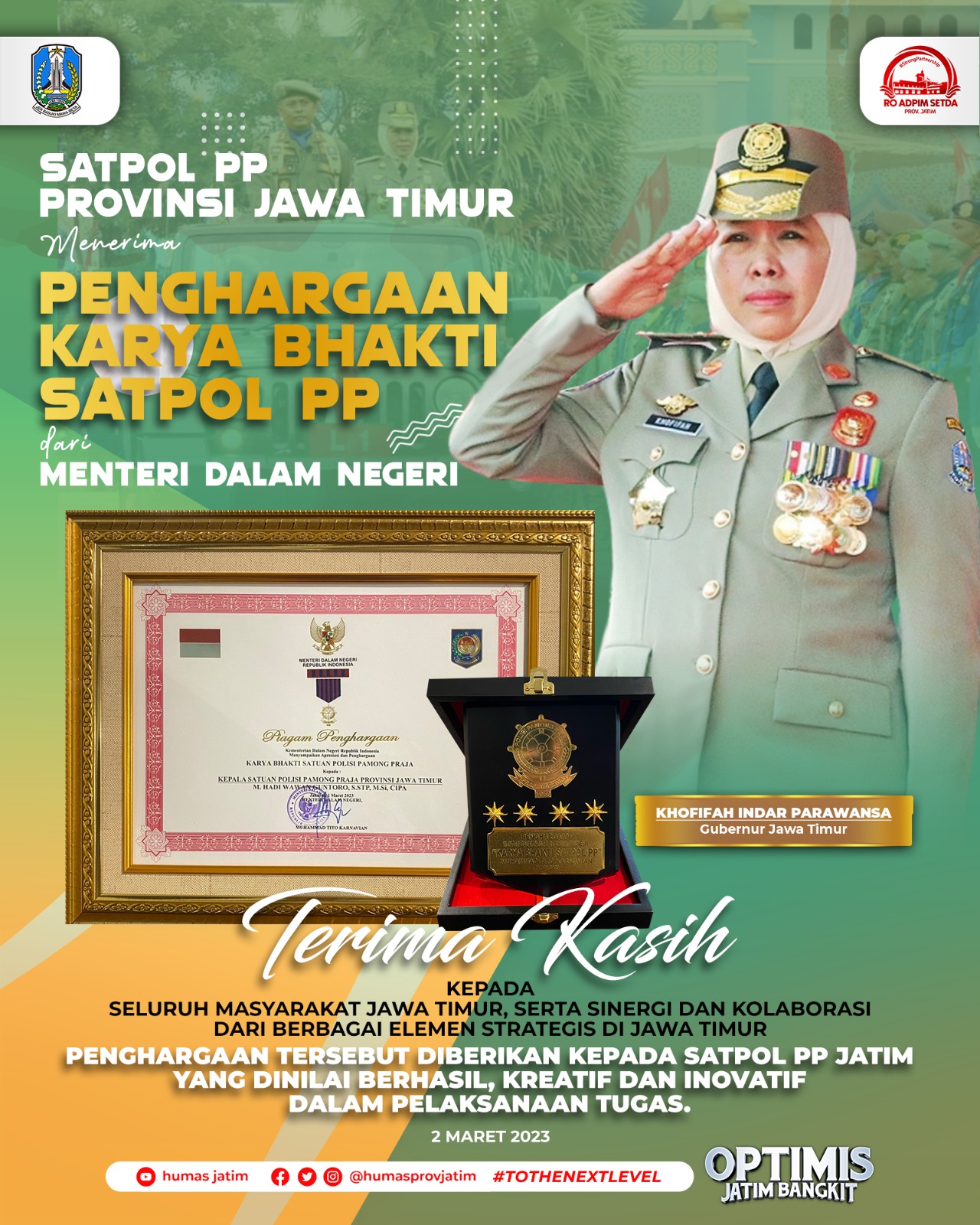 Satpol PP Jawa Timur Raih Penghargaan Karya Bhakti dari Kemendagri